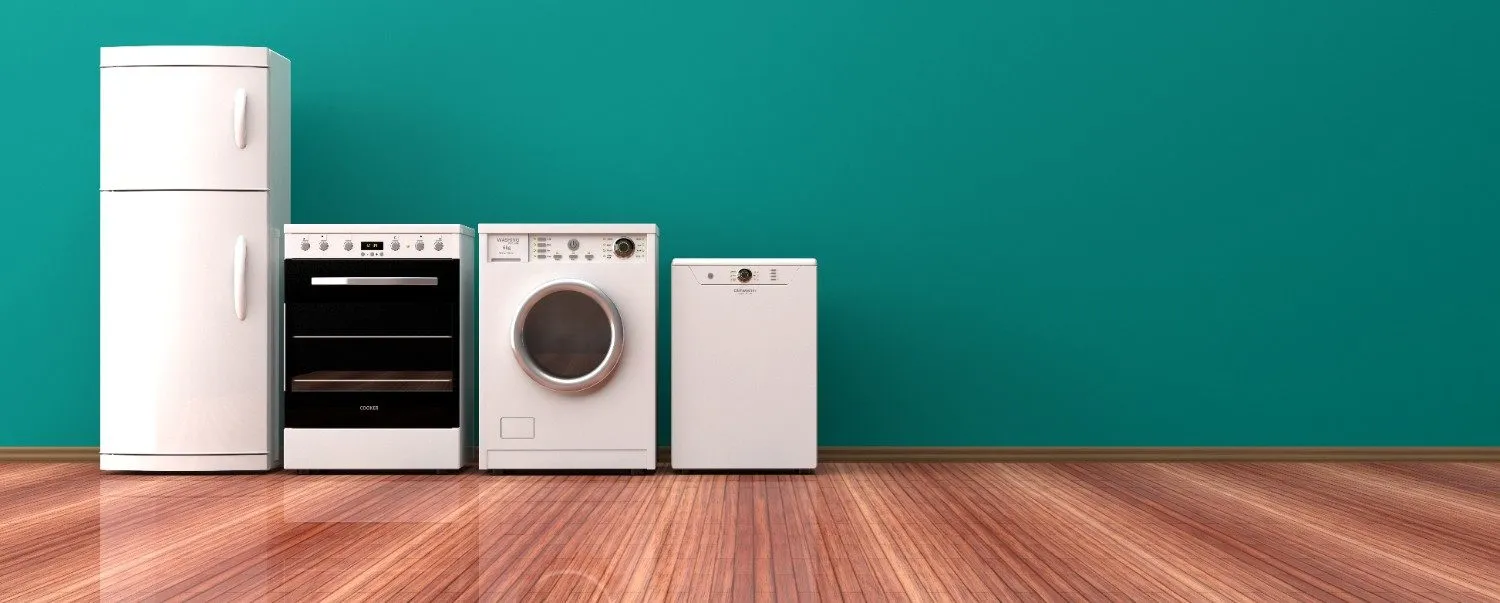 Fridge, oven, washer and dishwasher lined up on a wooden floor