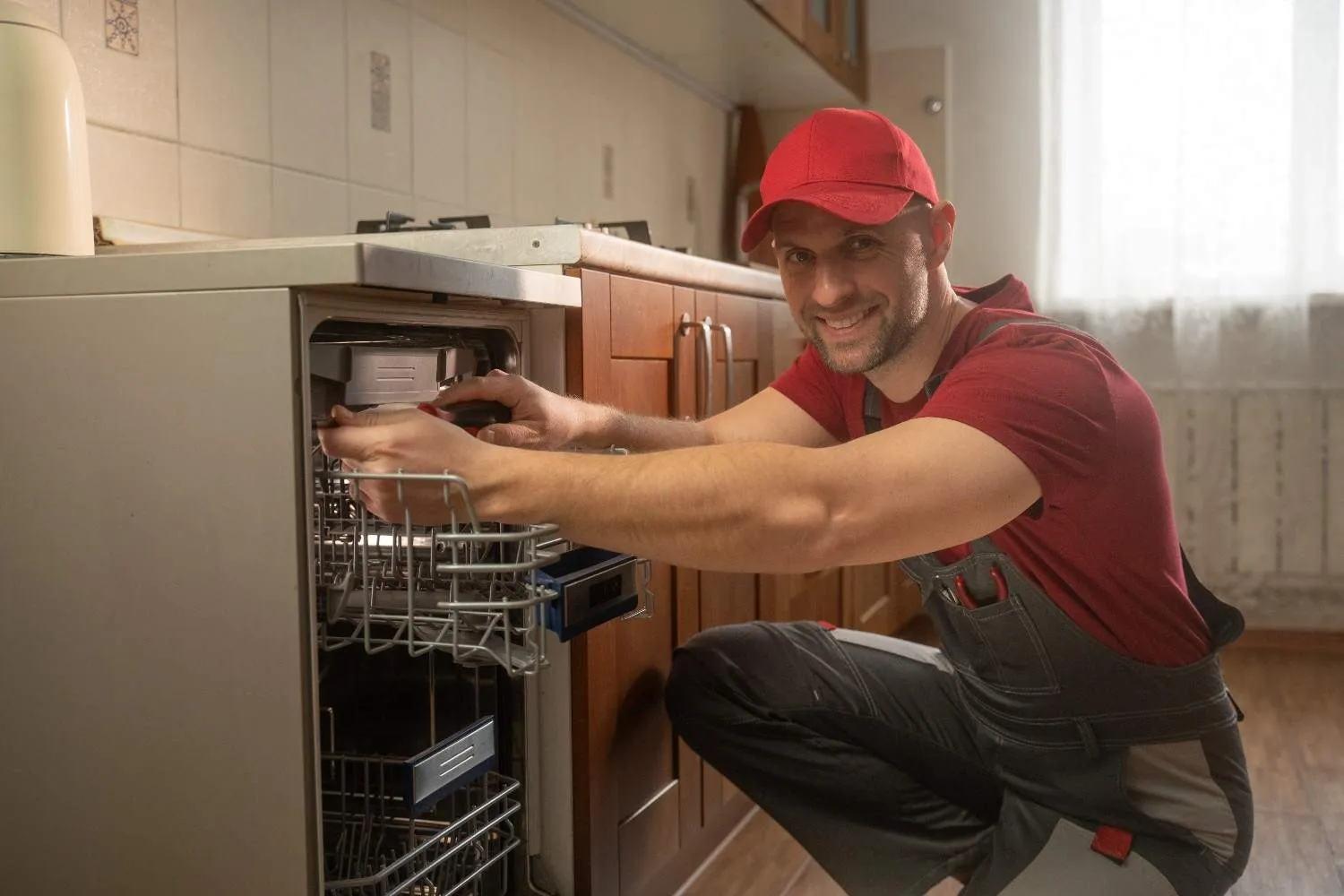 Technician checking a dishwasher in a home kitchen